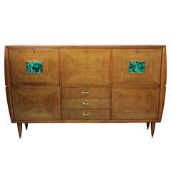 A Large Italian Cabinet In Cherry Wood With Malachite Decoration