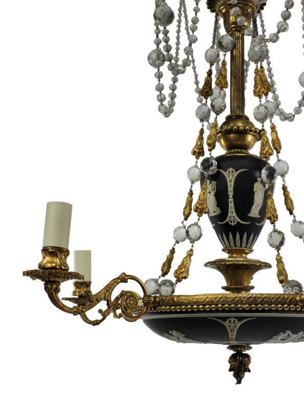 A rare English, Wedgwood black Jasperware, five light gilt bronze and porcelain chandelier of fine quality. Depicting classical scenes. Stamped & with foundry mark.