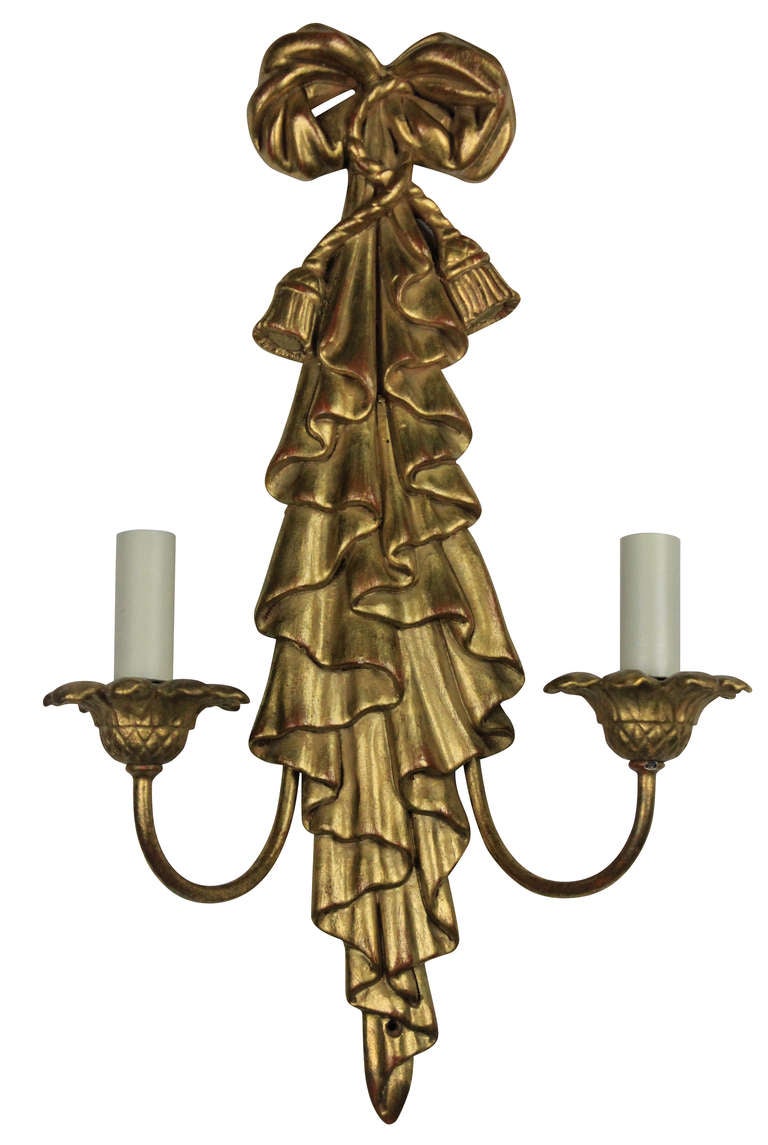 Pair of Carved and Water Gilded Hollywood Regency Sconces