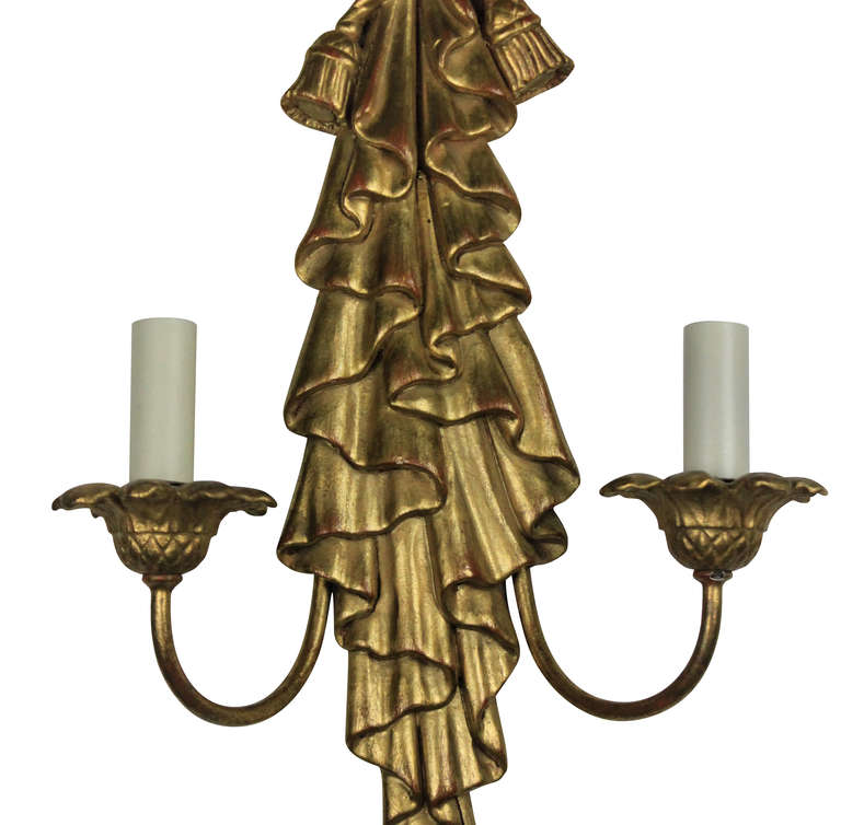 Italian Pair of Carved and Water Gilded Hollywood Regency Sconces