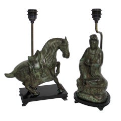 Pair of '60s Bronze Lamps of a Horse & Deity