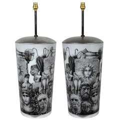 A Pair Of Large Hand Painted Fornasetti Style Lamps