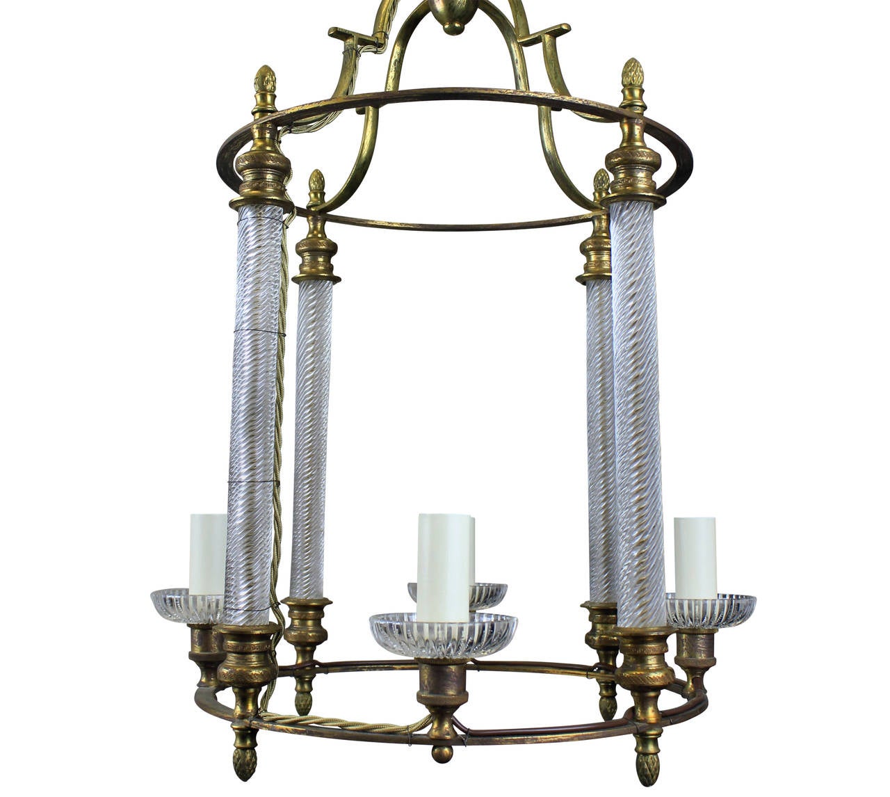 An Italian drum lantern in gilt bronze and glass, with barley twist columns and drip sconces.