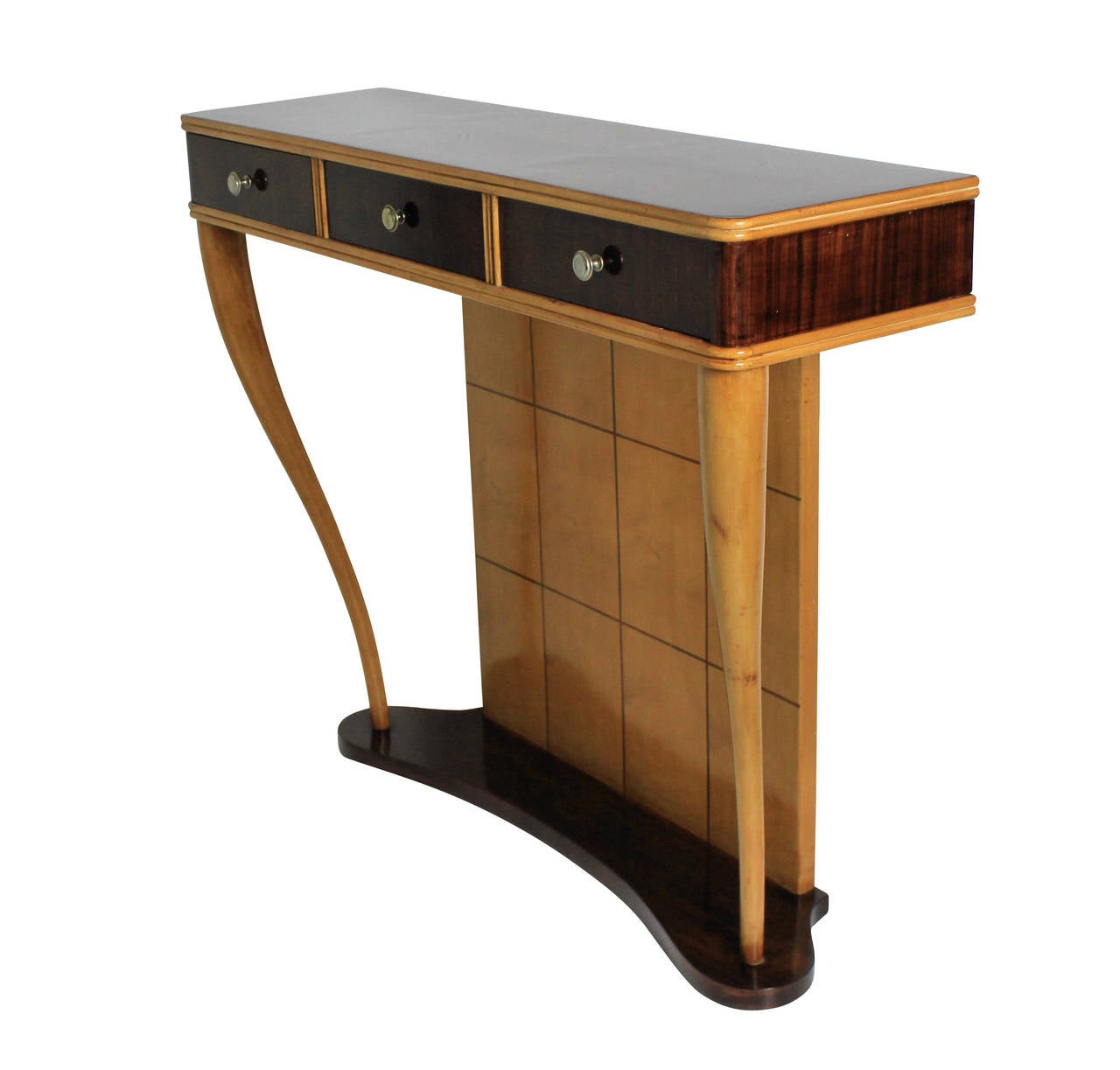 An Italian console table of stylish design, comprising three drawers with sculpted legs and base.