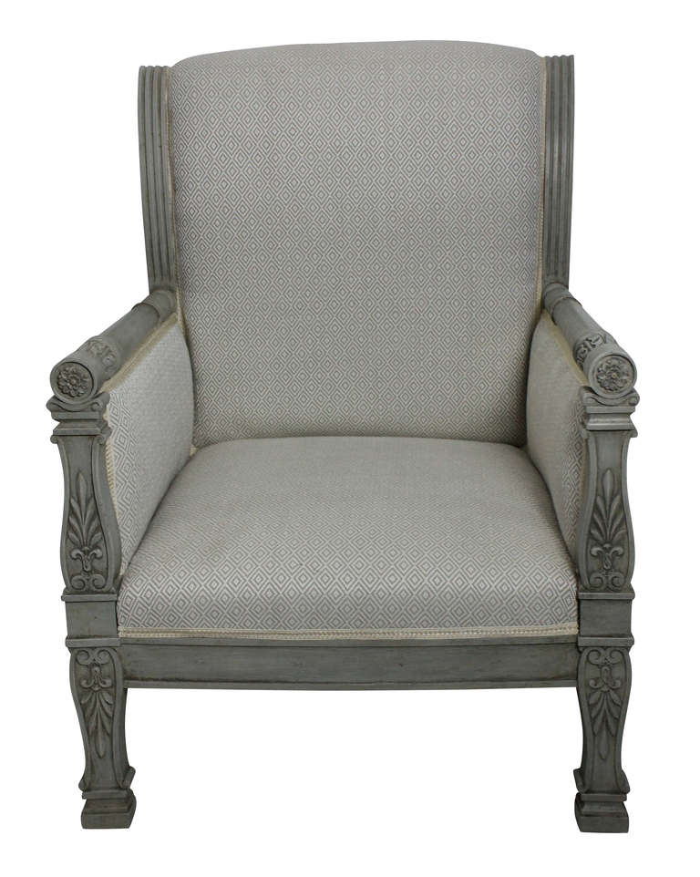 A large Swedish Gustavian distressed painted armchair, in the Neo-Classical manner with acanthus leaves. Newly upholstered in a diamond pattern wool.