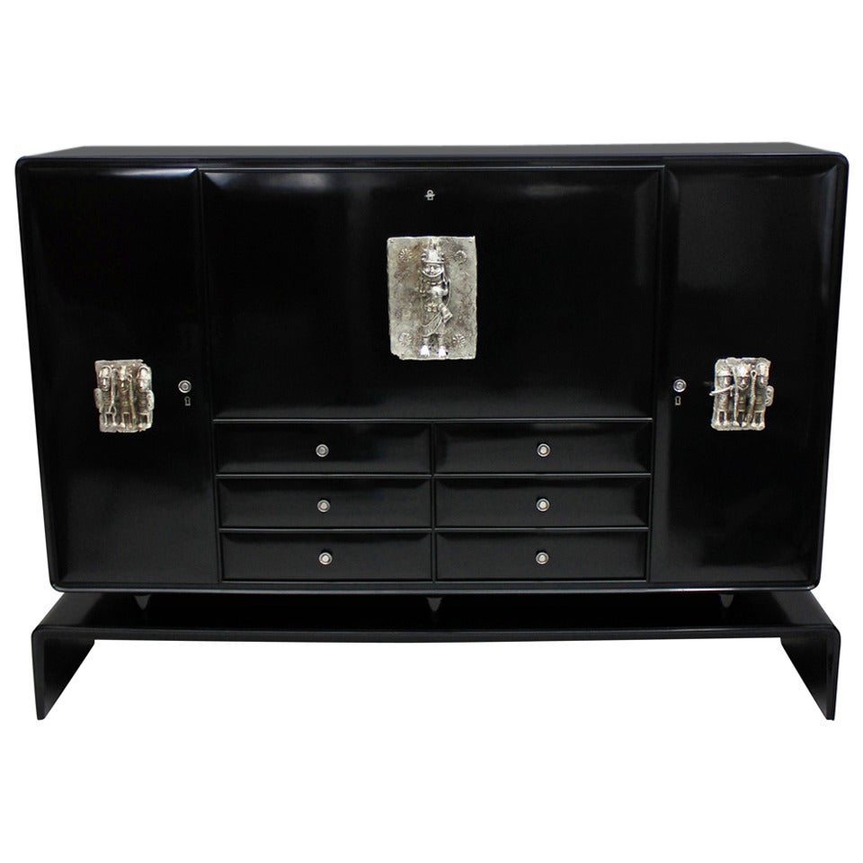 Large Well-Executed Black Lacquered Bar Cabinet by R. Brembilla