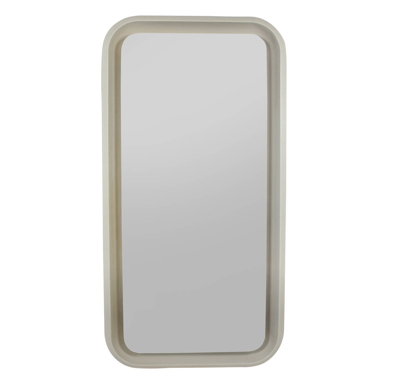 A large Italian mirror which has a pale grey moulded frame with a floating mirror plate with a light behind.