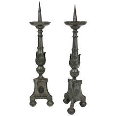 A Pair Of French Pewter Neo-Classical Candlesticks