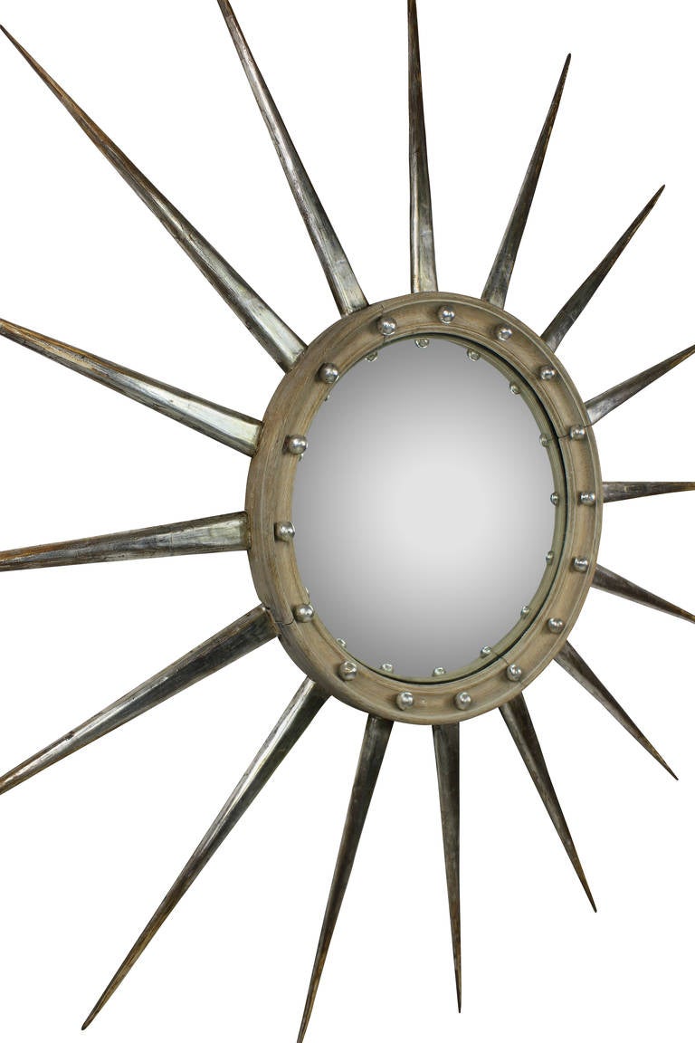 Large Bleached Oak and Silver Leaf Sunburst Convex Mirror