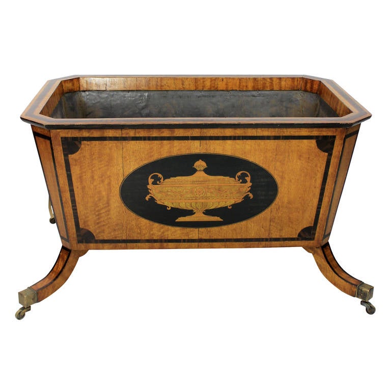 A large English Regency satinwood wine cooler with inlaid Classical scene, splayed legs and brass handles. Lead liner.