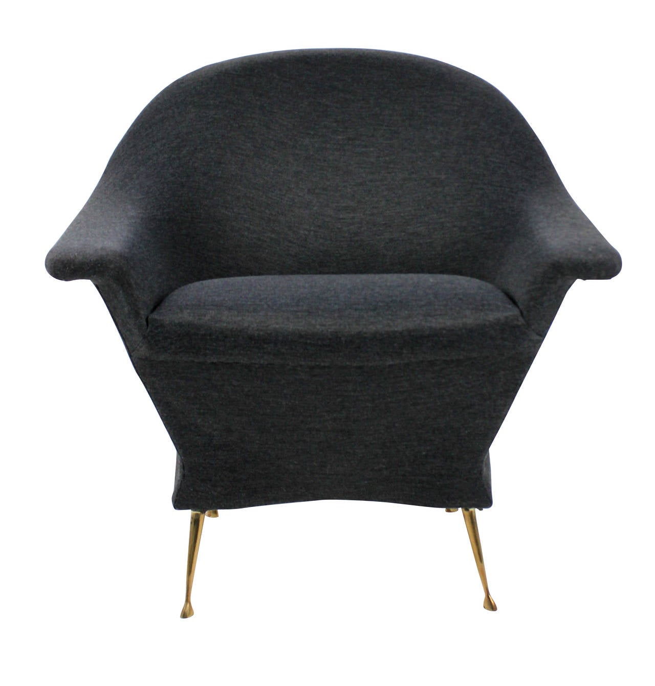 An Italian sculptural armchair on brass legs, newly upholstered in Romo fabric.