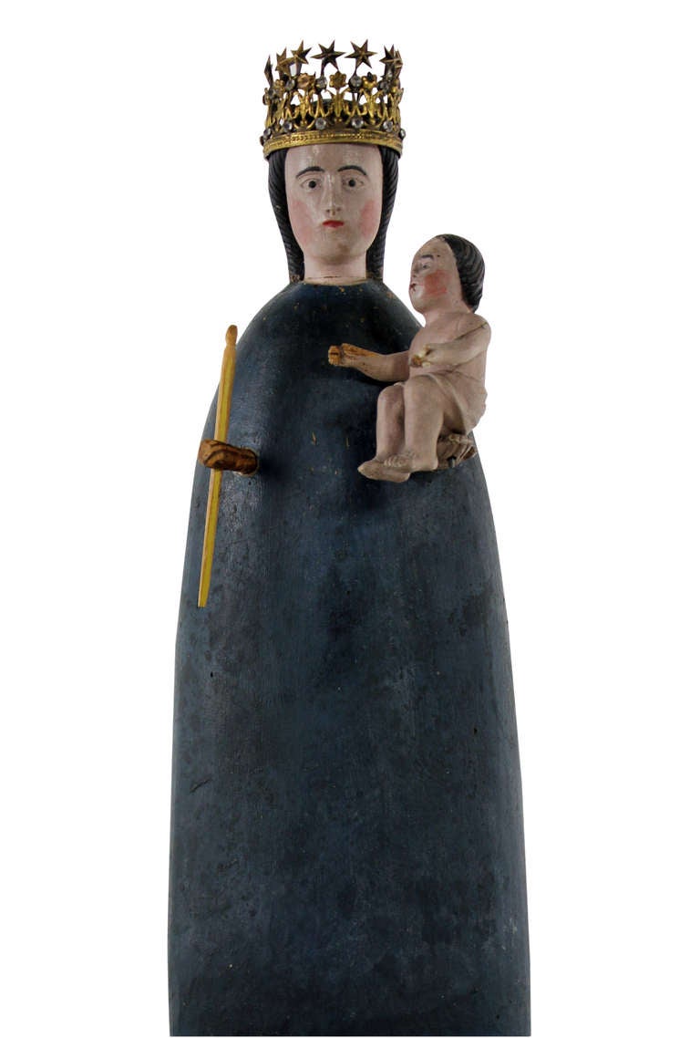 A Spanish Statue Of The Virgin & Child In A Glass Dome