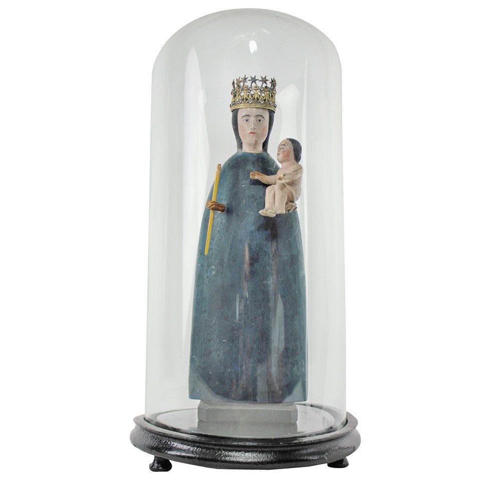 A Spanish Statue Of The Virgin & Child In A Glass Dome