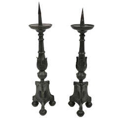 A Pair Of French 18th Century Candlesticks In Pewter