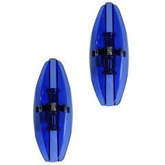 A Stunning Pair Of Veca Wall Lights In Cobalt Blue Glass