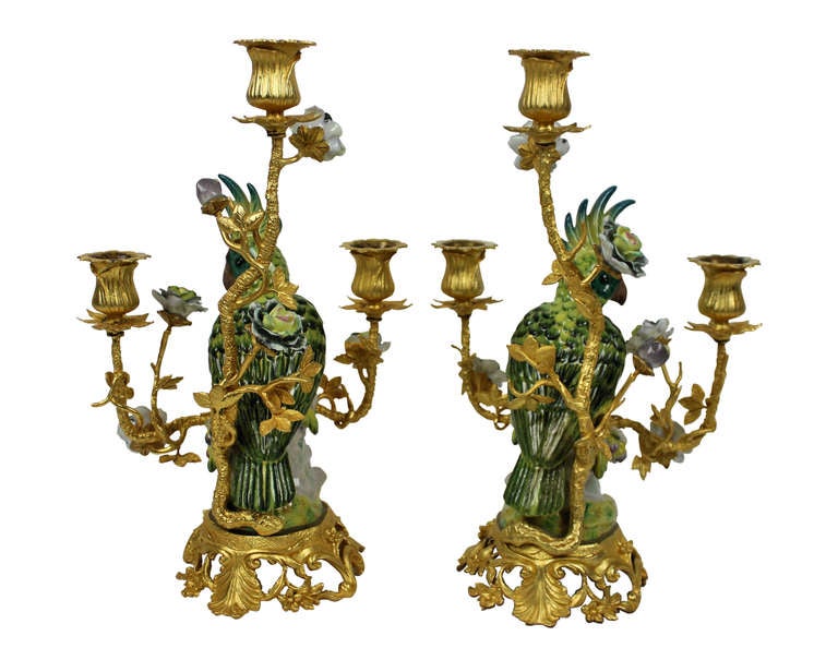A pair of French ormolu & porcelain candelabra depicting parrots, foliage & flowers.
