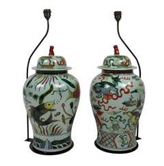 A Large Pair Of Famille Verte Chinese Vases As Lamps