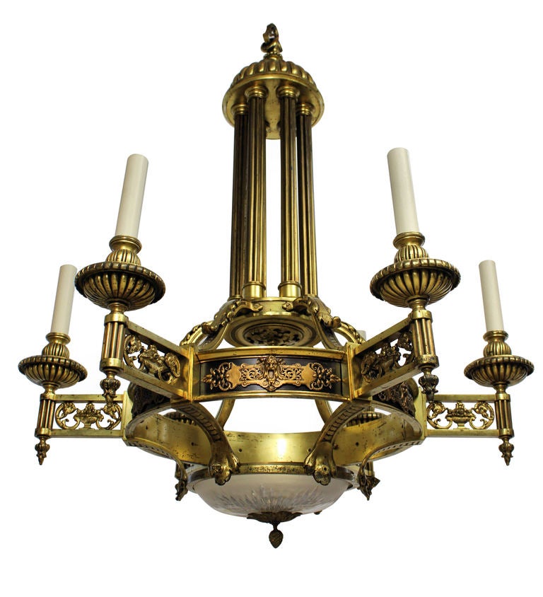 A large French Second Empire, six branch chandelier in gilt bronze, with Ne-Classical features and a cut glass dish to the base. Of fine quality.
Newly electrified
