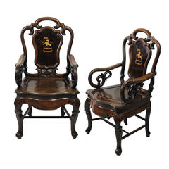 Antique A Pair Of Exceptional 19th C Anglo Chinese Armchairs With Armorial Crests