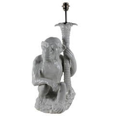 A Large Portuguese Ceramic Monkey & Palm Lamp