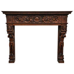 Exceptional Italian Antique Large Fireplace in Walnut Wood with Atlanteans