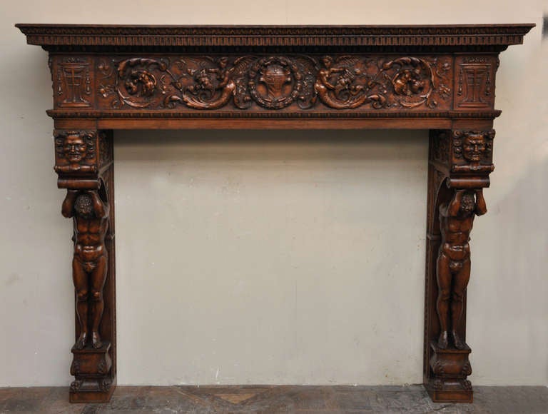 Exceptional Italian Antique Large Fireplace in Walnut Wood with Atlanteans