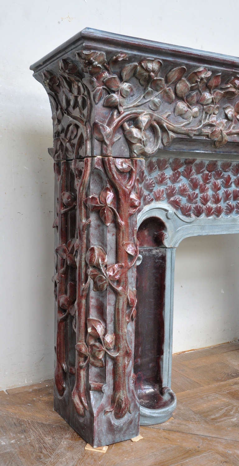 French Extraordinary Antique Art Nouveau Stoneware Fireplace Signed by Emile Muller