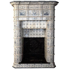 Antique Ceramic Fireplace with Blue Decor on a White Background, 19th Century