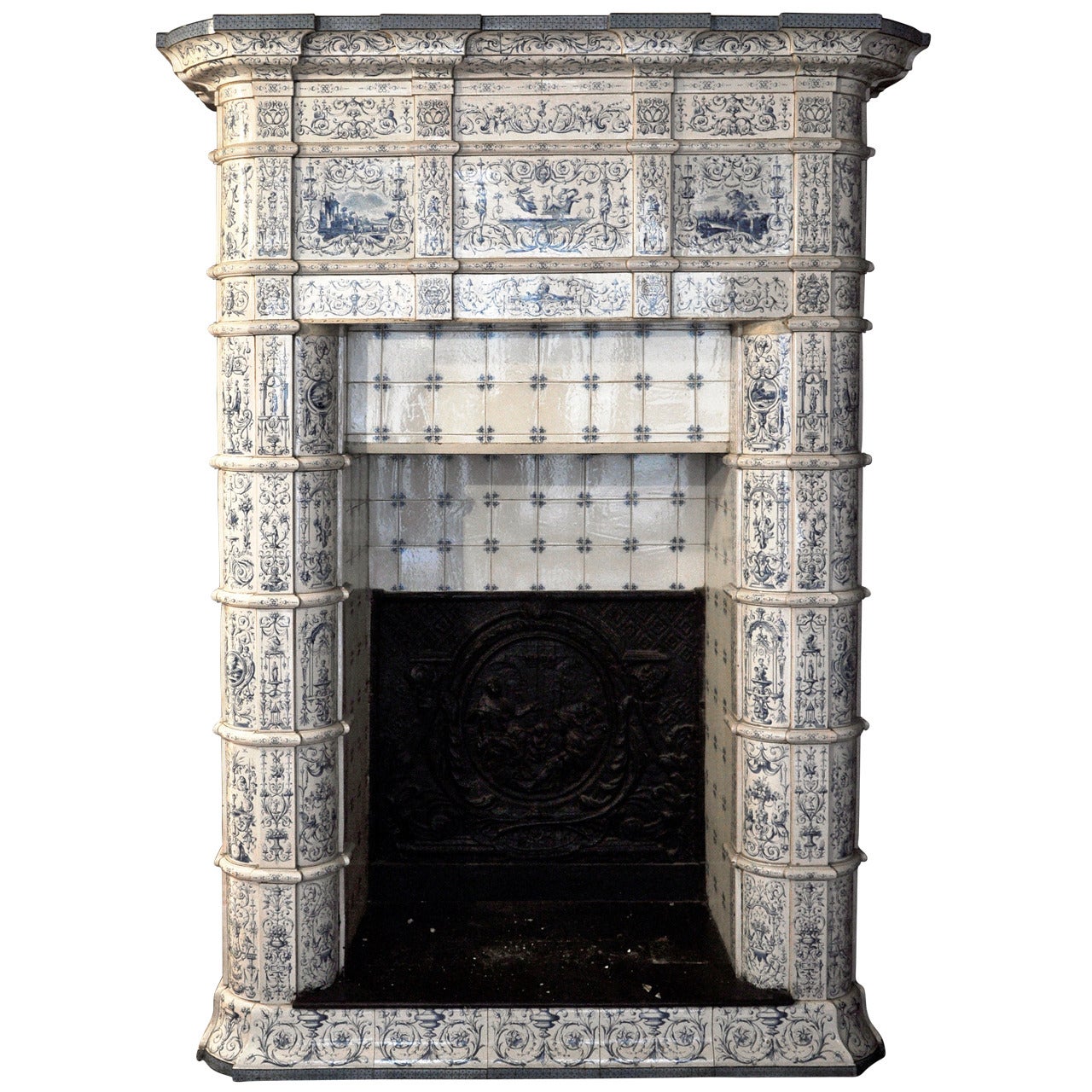 Antique Ceramic Fireplace with Blue Decor on a White Background, 19th Century For Sale