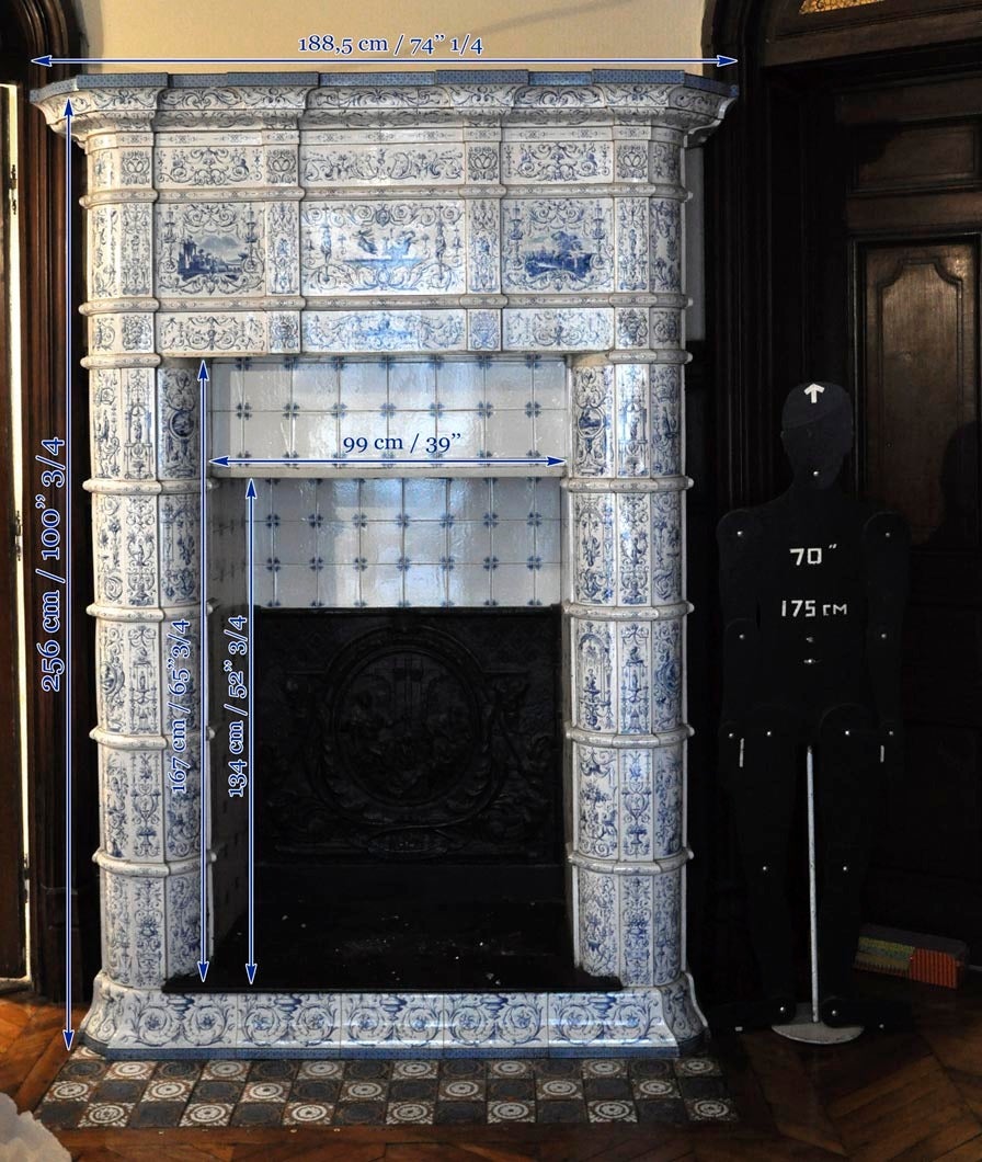 Antique Ceramic Fireplace with Blue Decor on a White Background, 19th Century For Sale 2
