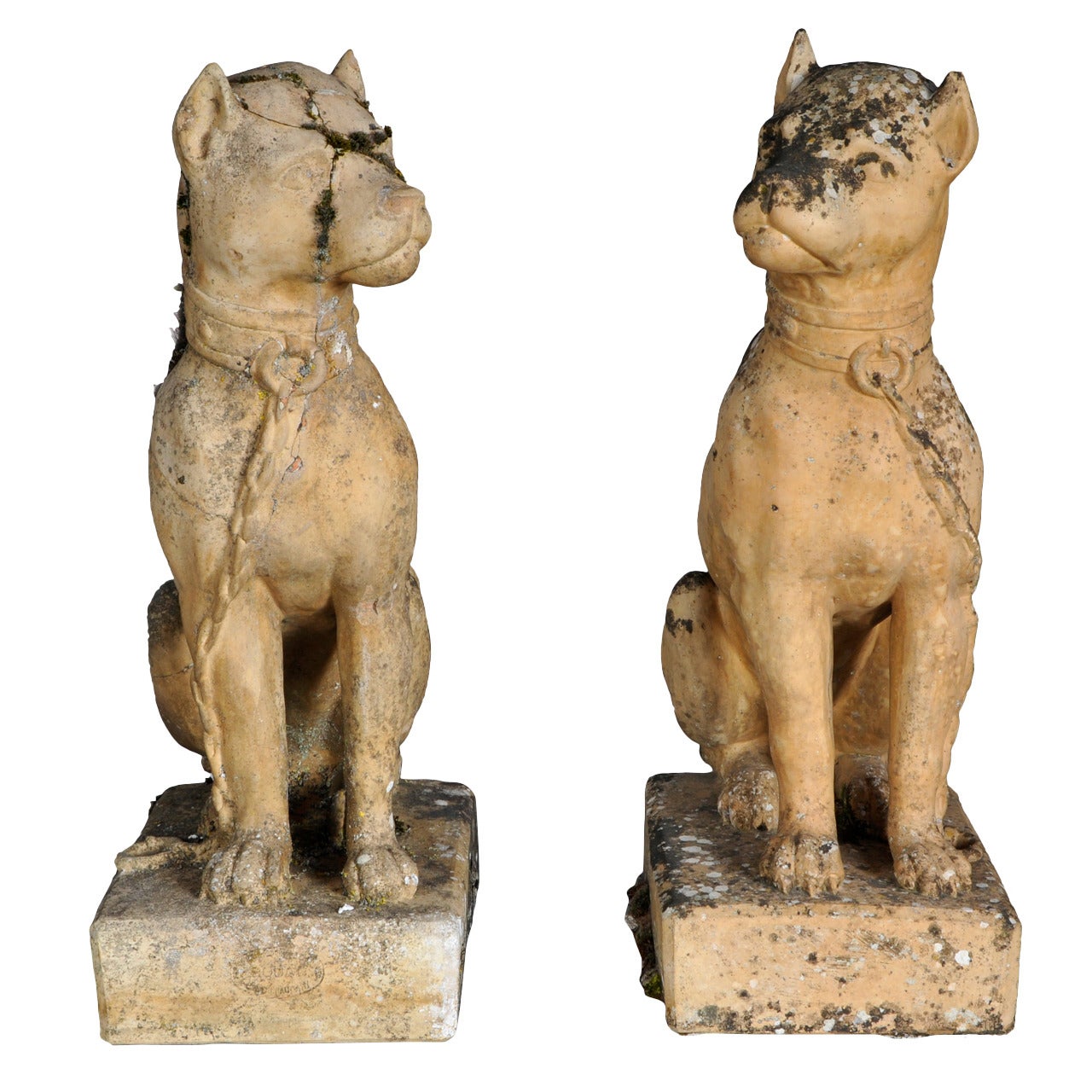 Pair of Terracotta Bulldogs by Bouat Manufacturer in Castelnaudary, circa 1900