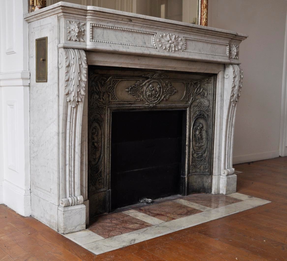 French Antique Louis XVI Style Fireplace with Acanthus Décor, Carrara Marble