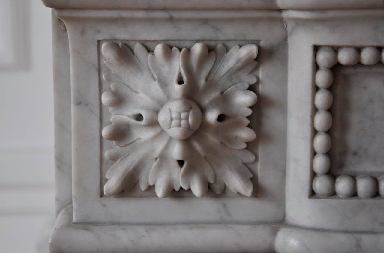 Carved Antique Louis XVI Style Fireplace with Acanthus Décor, Carrara Marble