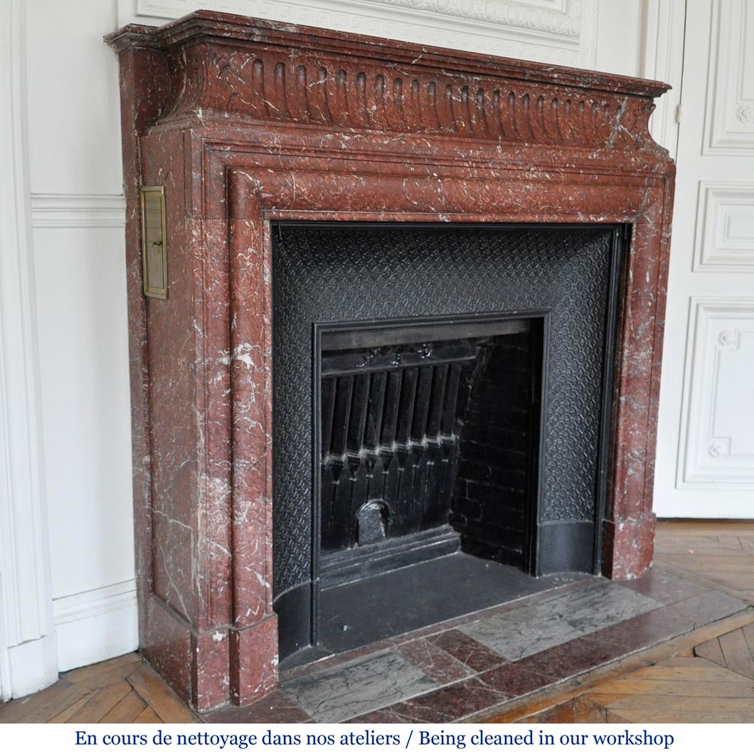 French Louis XIV Style Fireplace with Acroterion, Red Griotte Marble