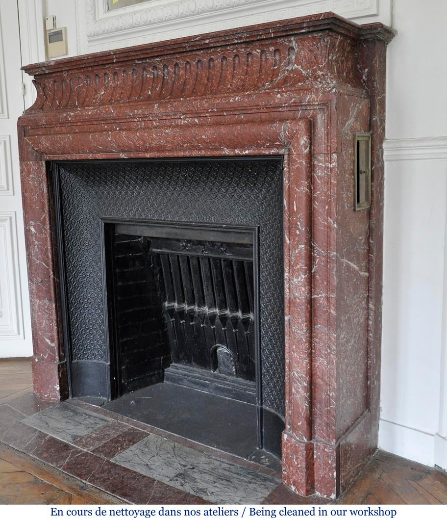 19th Century Louis XIV Style Fireplace with Acroterion, Red Griotte Marble