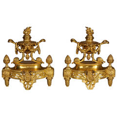 Antique Louis XVI Style Pair of Andirons in Gilded Bronze
