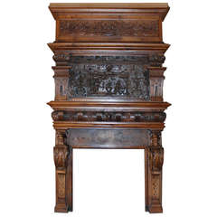Antique Oak Wood Fireplace Realized in the 19th Century with Carved Elements from 17th Century