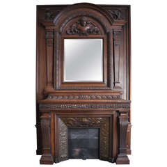 Large Antique walnut wood mantel with copper insert, 19th c.