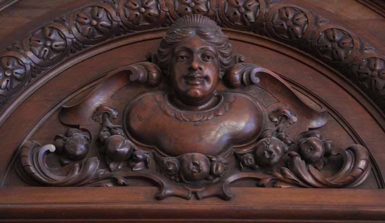 Napoleon III Large antique walnut wood mantel with copper insert, 19th c. For Sale