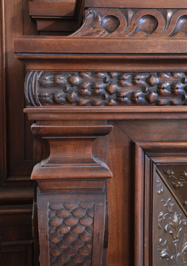 19th Century Large antique walnut wood mantel with copper insert, 19th c. For Sale