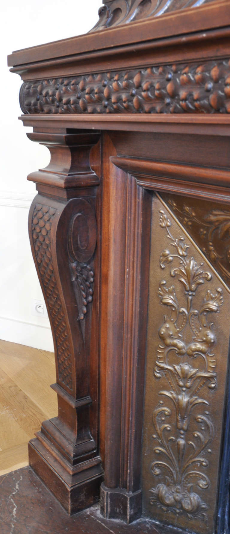 Copper Large antique walnut wood mantel with copper insert, 19th c. For Sale