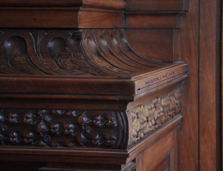 Carved Large antique walnut wood mantel with copper insert, 19th c. For Sale