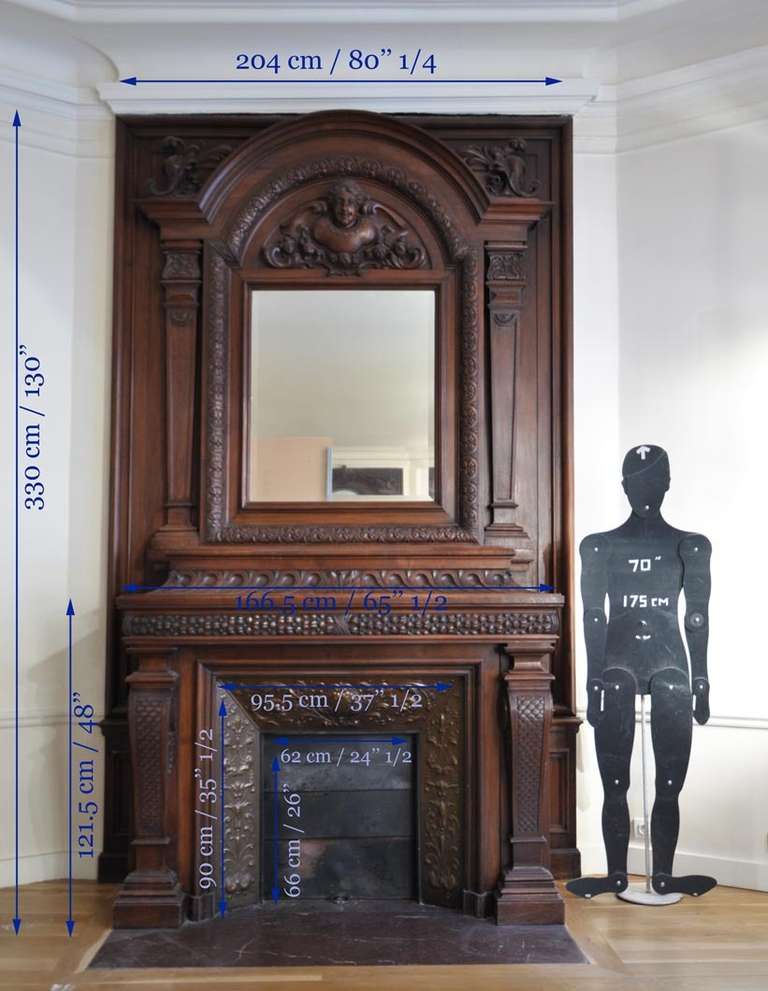 Large antique walnut wood mantel with copper insert, 19th c. For Sale 1