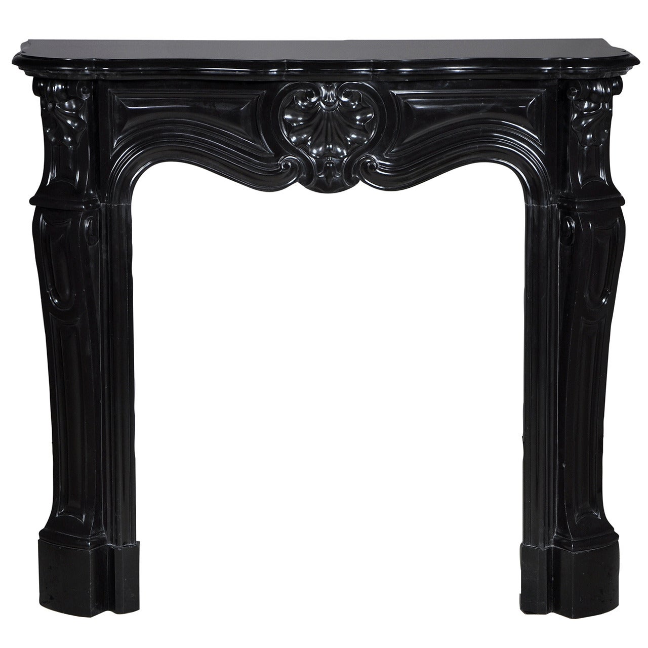 Small Antique Louis XV Style Fireplace Sculpted in Black Belgian Marble