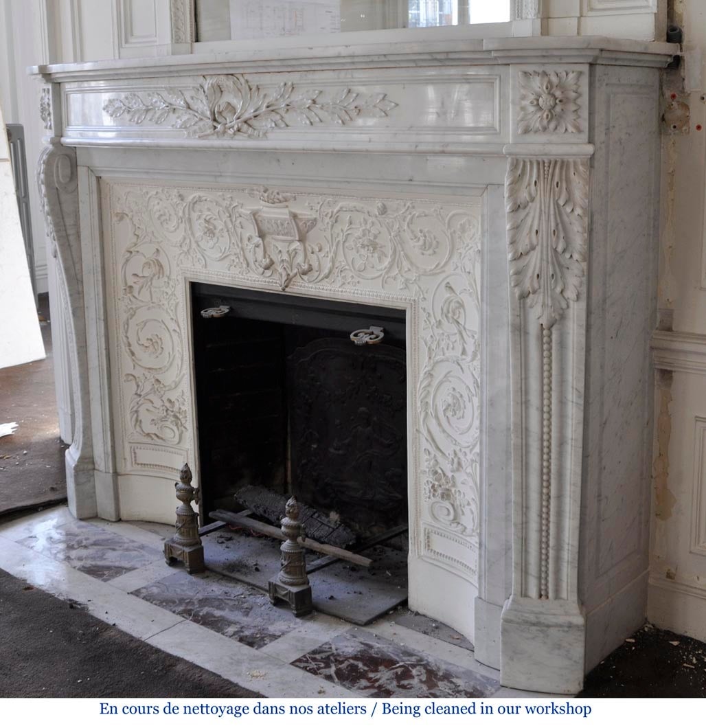 Carrara Marble Antique Louis XVI Style Fireplace with Cured Frieze, 19th Century