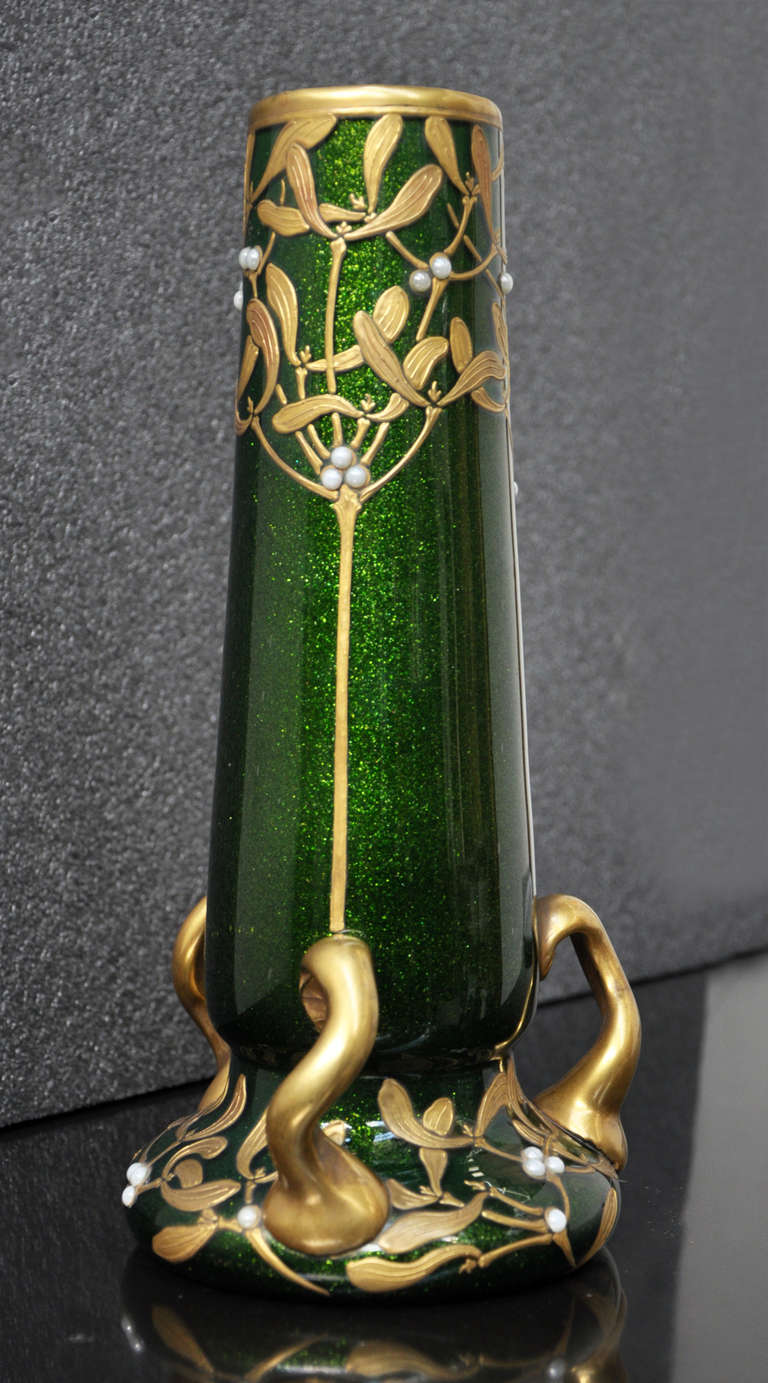 Art Nouveau Art Glass vase with mistletoe decor by Montjoye Saint-Denis Manufacture, circa 1990