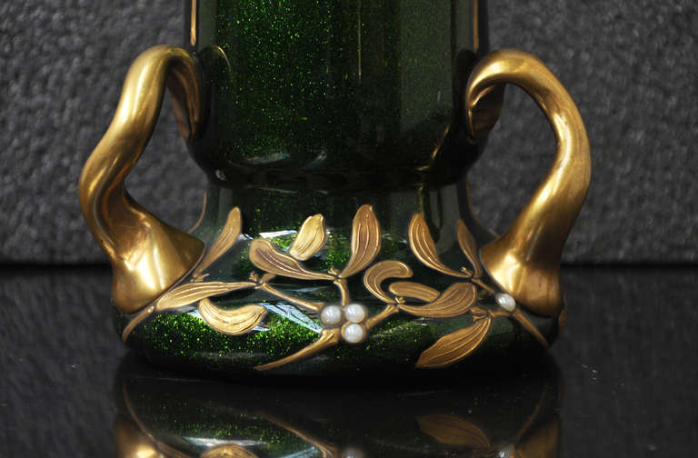 French Art Glass vase with mistletoe decor by Montjoye Saint-Denis Manufacture, circa 1990