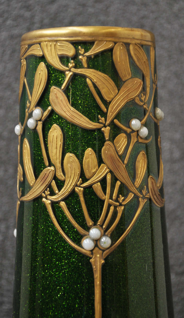 Art Glass vase with mistletoe decor by Montjoye Saint-Denis Manufacture, circa 1990 1