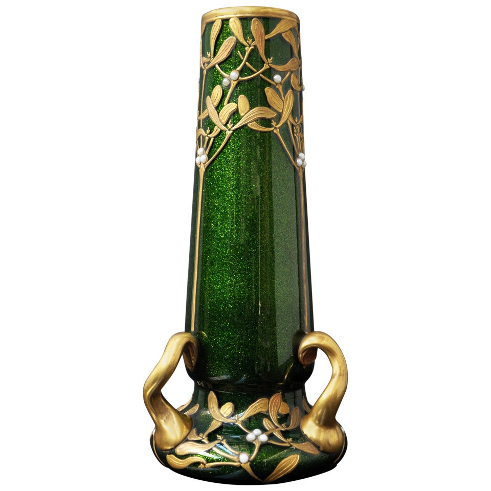 Art Glass vase with mistletoe decor by Montjoye Saint-Denis Manufacture, circa 1990