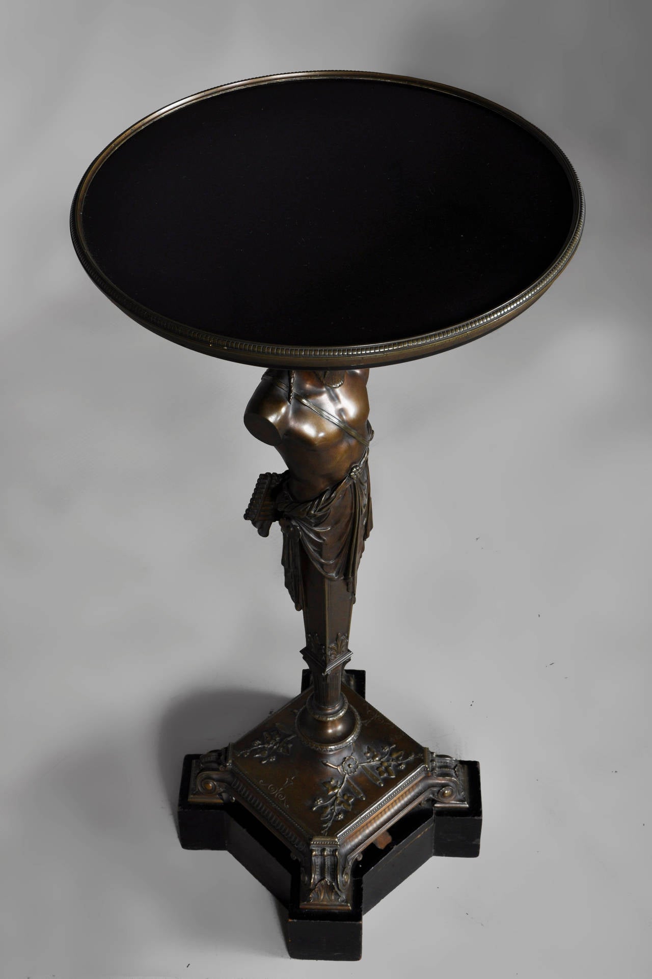 Belgian Black Marble 19th Bronze Pedestal Table with Hermes